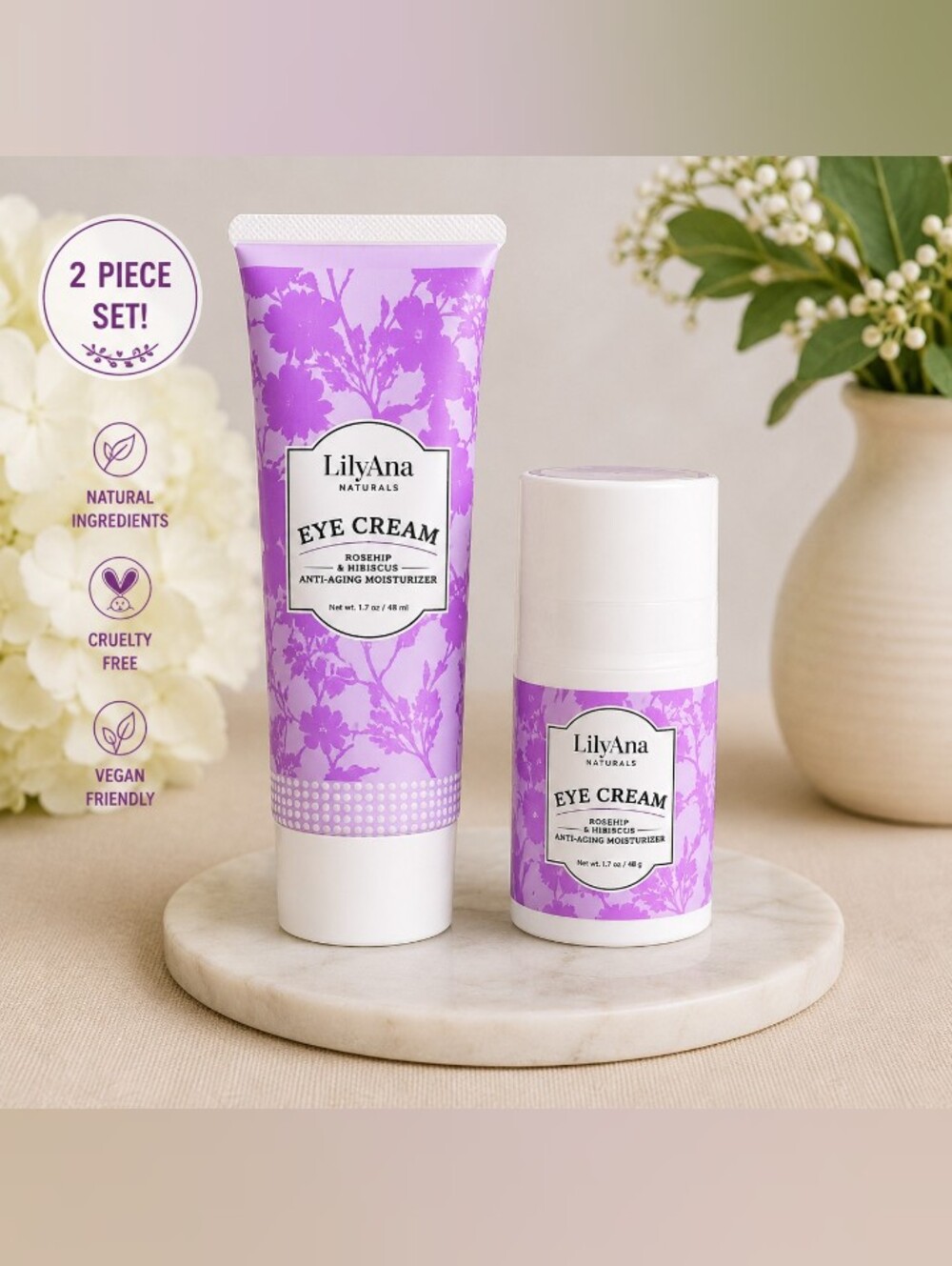 LilyAna Naturals Eye Cream 2-Piece Bundle Rosehip Hibiscus 1.7 oz